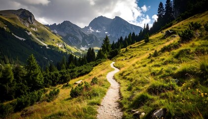 Mountain path winding through green valley
