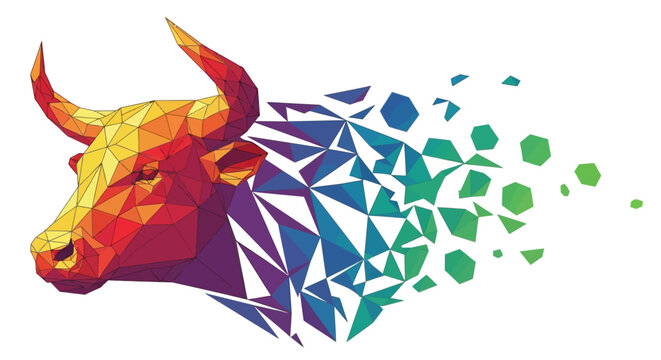 Abstract vector art of a bull's head morphing into a complex geometric pattern, vibrant colors, low poly style, isolated on white background.