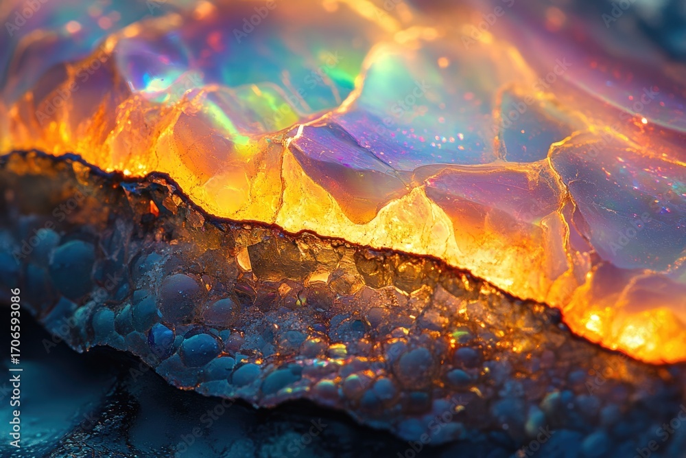 Poster close-up of vibrant opal with iridescent colors and a unique textured surface.