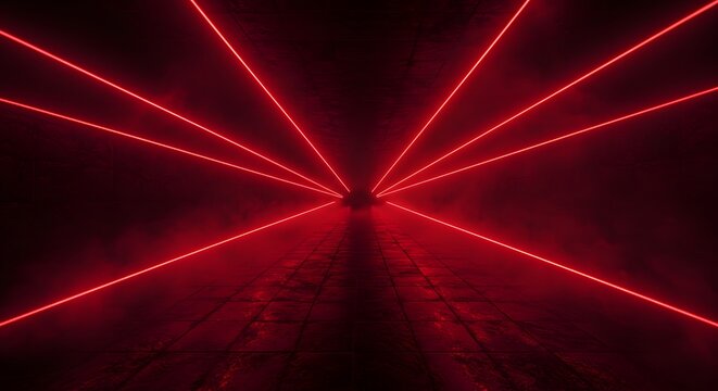 Dramatic red neon laser grid converging into a dark, mysterious futuristic tunnel.