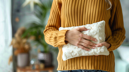 women holding hot water bottle bag to her belly for her cramp