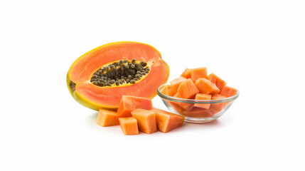 Papaya fruit with cut slices, Whole papaya fruit with cut cubes and slices served on white background.