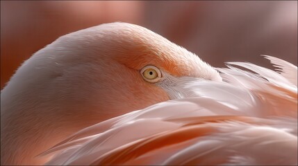 Fototapeta premium A close-up of a flamingo's head showcases its delicate feathers and intense gaze, making it ideal for nature-related projects, wildlife articles, or environmental campaigns,