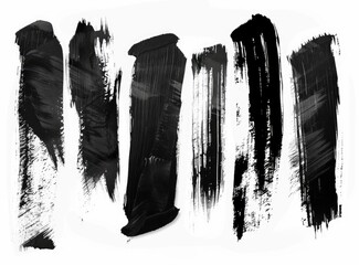 An abstract composition of seven vertical black brushstrokes on a white background. The strokes vary in width, texture, and opacity, creating a dynamic and expressive visual effect