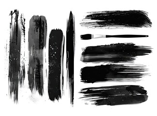 A collection of ten black ink brush strokes, varying in width and texture, presented on a white background, accompanied by a single paintbrush