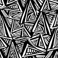 Abstract black and white pattern featuring interlocking triangles and lines, creating a bold, geometric, and chaotic design with varied line weights and textures