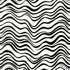 Abstract seamless pattern of wavy black lines on a creamy white background. The lines undulate smoothly, creating a fluid, dynamic visual effect.  The 