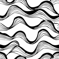 Abstract black and white wavy line pattern, seamless repeat, hand-drawn style, monochrome design