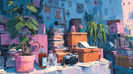 A Painterly Still Life Depicting a Creative Workspace Filled with Books and Plants