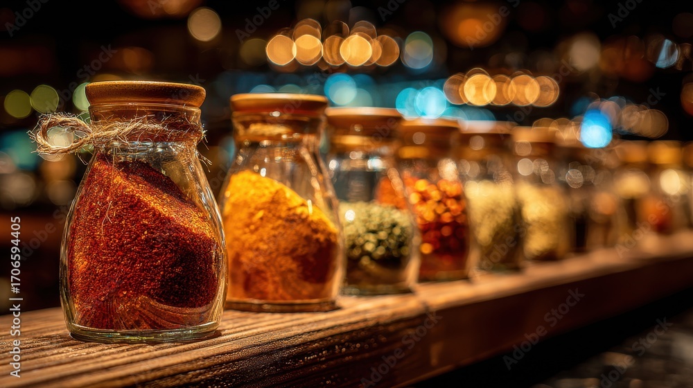 Poster artistic medium shot of a sleek spice rack holding jars of diverse asian spice blends the prominent 