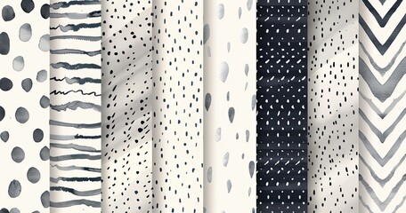 A collection of twelve distinct monochrome patterns, featuring various textures and shapes like polka dots, stripes, and speckles, presented vertically in a repeating design