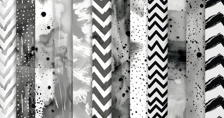 Monochrome textile swatches with varied patterns, including abstract watercolor washes, geometric zigzags, and polka dots, arranged vertically