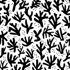 A repeating pattern of stylized, black, plant-like forms on a white background, scattered with small dots.  The forms vary slightly in shape and size