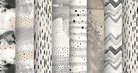 Abstract grayscale pattern collection featuring various textures, including dots, stripes, waves, and splatters, arranged in vertical columns