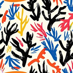 A vibrant, abstract textile design featuring stylized floral motifs in a bold, colorful palette. The painterly style creates a lively, energetic feel