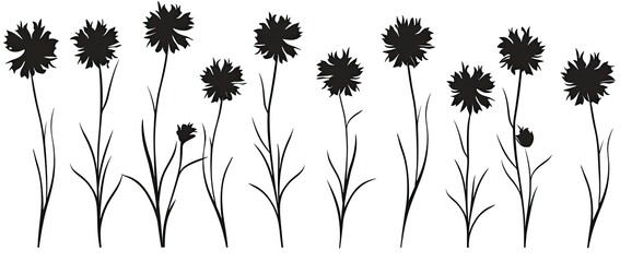 A row of stylized black silhouettes of flowering plants on a white background, varying in height and bloom stage
