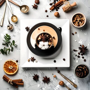 Overhead view of spiced coffee drink in black cup, garnished with spices and sugars, surrounded by coffee accouterments and decorations on light gray surface
