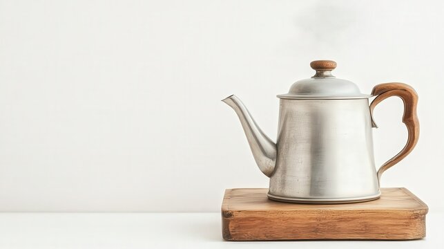 A sleek, vintage coffee pot sits atop a wooden board, with steam gently wafting from it, perfect for conveying warmth and nostalgia in culinary or lifestyle projects, Ideal for blog posts