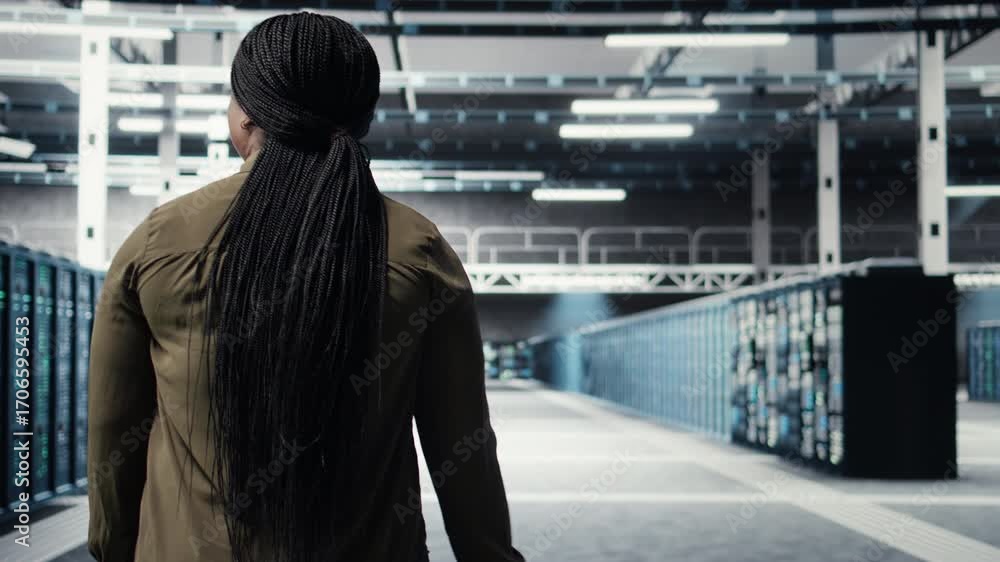 Poster admin in data center workplace overseeing large scale it electronics to maintain seamless operations