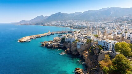 Obraz premium A breathtaking coastal view showcases a picturesque town perched on cliffs, with serene turquoise waters and a marina filled with boats, Ideal for travel brochures, real estate, and relaxation themes