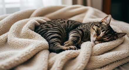 A tabby cat sleeps curled up on a fluffy creamcolored blanket