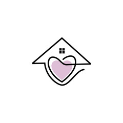 Minimalist line art logo of a house with a heart inside, symbolizing love, family, safety, and comfort in a cozy home environment.