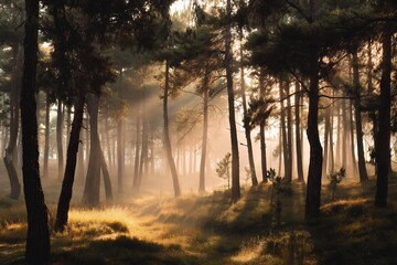 A view through a forest with sunlight streaming through the trees creating a misty atmosphere