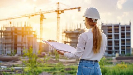 A focused construction manager inspects building plans on a job site, overseeing progress as cranes work in the background under a vibrant sunset, showcasing modern engineering.