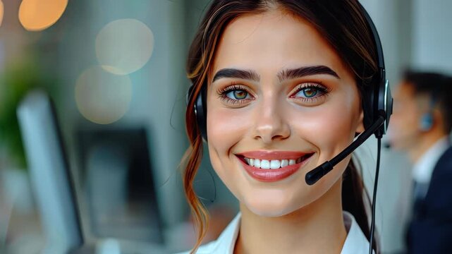 Smiling Customer Support Representative: A friendly and approachable customer service representative exudes confidence as she helps a client through a headset. Her warm smile conveys empathy.