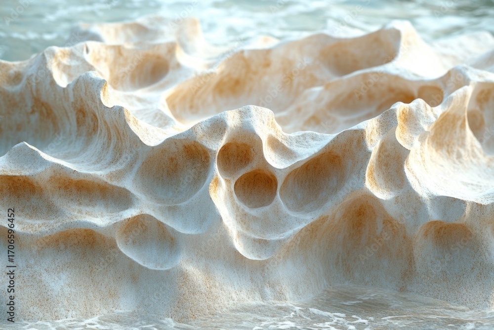 Poster eroded coastal rock formation with unique textures and patterns, partially submerged in ocean water.