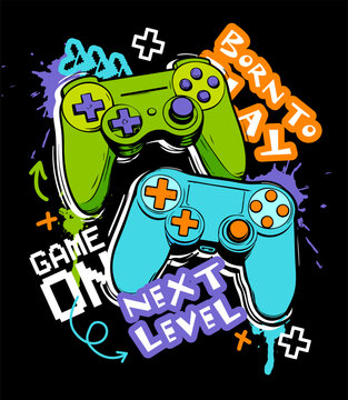 Illustration print for t-shirt with game joystick. Vector illustration for boys. Gamer design.