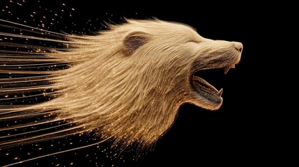 A digitally rendered lion head with flowing, golden mane projecting a sense of power and energy, suitable for branding, wildlife conservation themes, or artistic projects,
