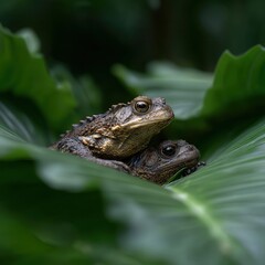 Fototapeta premium Two frogs nestled among lush green leaves, showcasing their intricate textures and expressions, This image can be used for nature-related themes, wildlife conservation, or amphibian studies,