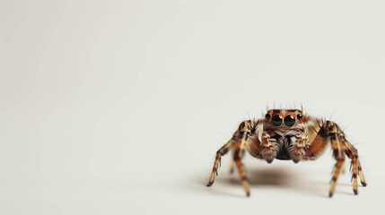 Obraz premium A macro shot of a jumping spider highlights its detailed eyes, hairy body, and compact form, emphasizing its alertness and predatory prowess.
