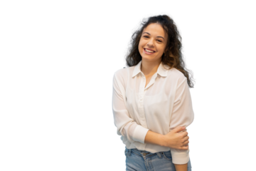 Smiling woman with crossed arms standing on transparent backdrop, ideal for seamless graphic design integration