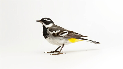 A small wagtail bird with striking black, white, and yellow plumage perched gracefully, representing nature, wildlife, avian beauty, and ecological balance.