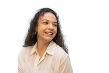 Cheerful young woman with long brown hair, wearing white shirt, gazing sideways with warm smile against transparent background