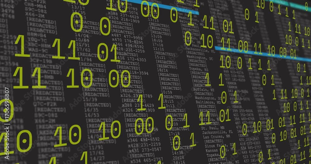 Poster green binary stream starting on console forming redacted columns sweeping cyan bar analyzing data