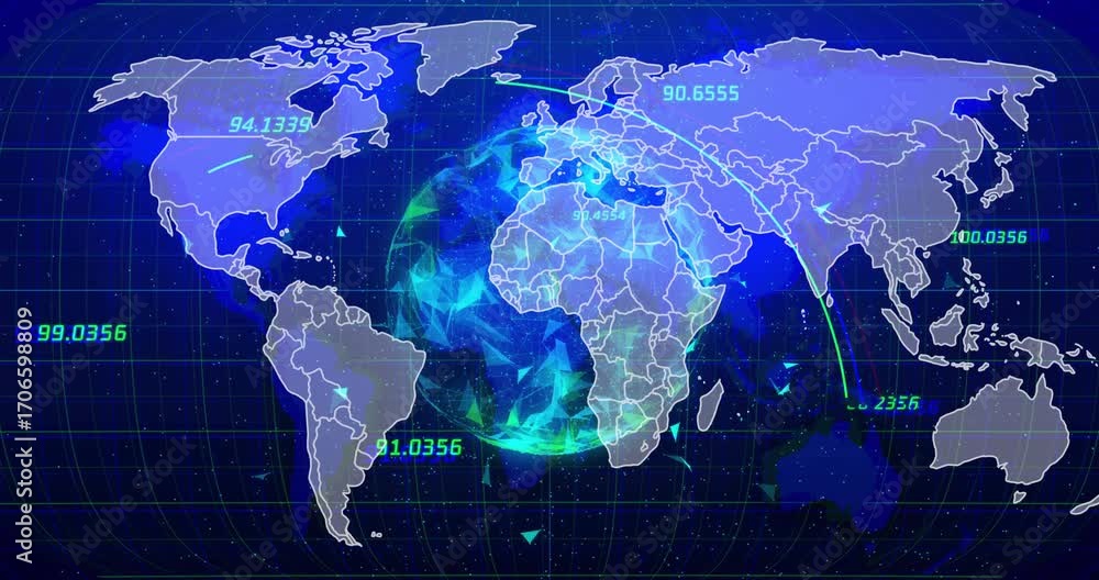 Poster globe glowing triggers overlay fading, trajectory shooting across regions and visualizing data flow