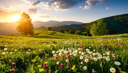 Lush mountain meadow at sunset
