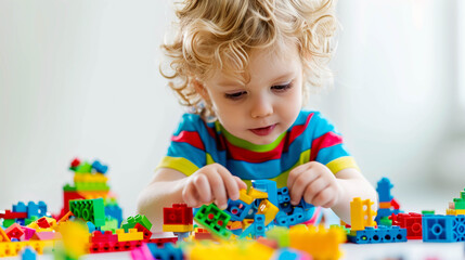 a cute little child playing with colorful lego, symbolizing innocence, joy, creativity, and the playful imagination of early childhood.