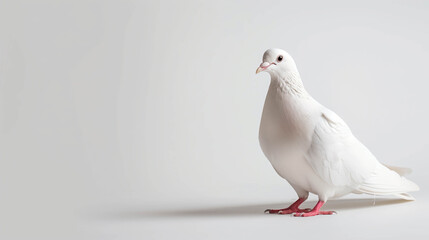 A white dove stands gracefully on a white surface, symbolizing simplicity, purity, and peace in an elegant minimal composition.