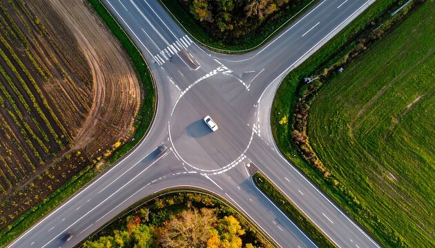 High-angle view of a roundabout in a rural setting