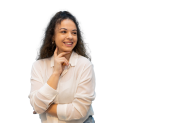 Studio shot of a cheerful young woman touching her chin and looking away, isolated on a transparent background
