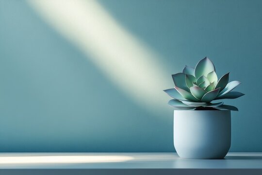 A serene succulent in a light blue pot, bathed in sunlight against a teal backdrop. - Powered by Adobe