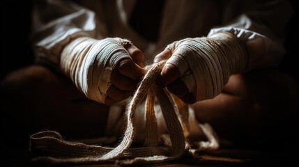 A close-up of a person wrapping their hands with bandages, emphasizing preparation and focus before a fight, Ideal for sports articles, fitness promotions, or martial arts content,