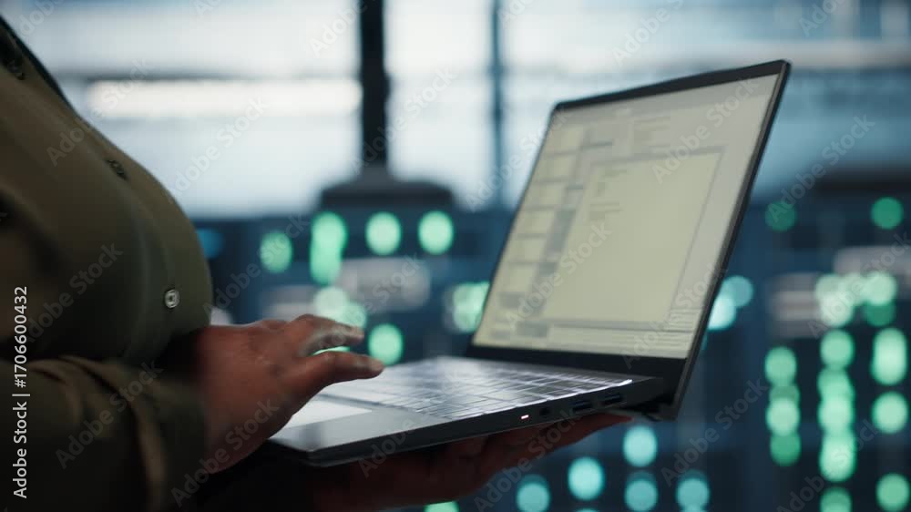 Poster close up of software developer working in data center to optimize network infrastructure. programmer
