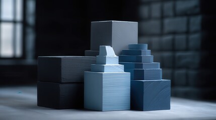A collection of blue and black geometric blocks arranged artistically against a dark backdrop, This image is suitable for design concepts, architecture themes, or creative workspace settings,