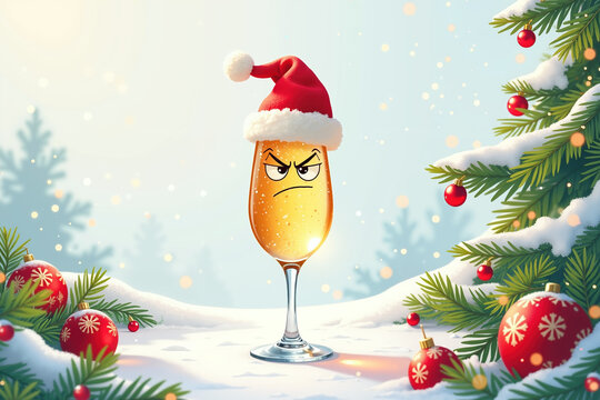 A cartoon champagne glass with a grumpy face and Santa hat stands in snow, surrounded by Christmas tree branches and ornaments.