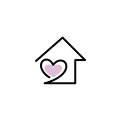Minimalist line art logo of a house with a heart inside, symbolizing love, family, safety, and comfort in a cozy home environment.